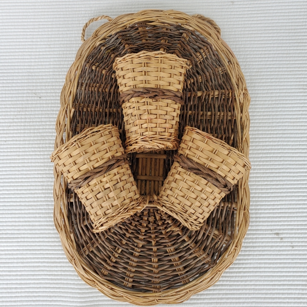 Rattan Wicker Wall Pocket Hanger Pot 17.5x11.5 Oval Beige Brown Basket Vintage